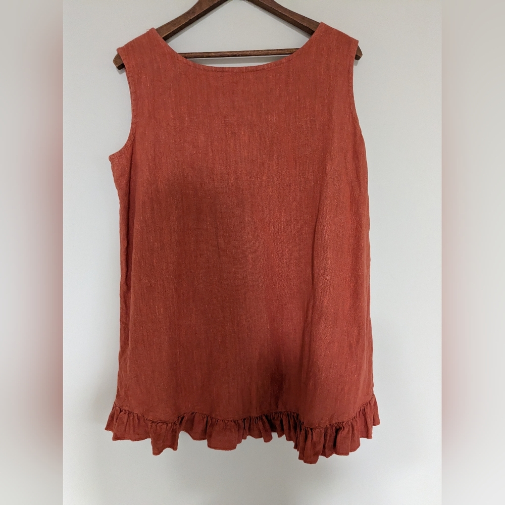 Bryn Walker EUC Rust Orange Pumpkin Lagenlook Linen Tank Ruffle Edge Size Small - Picture 6 of 8